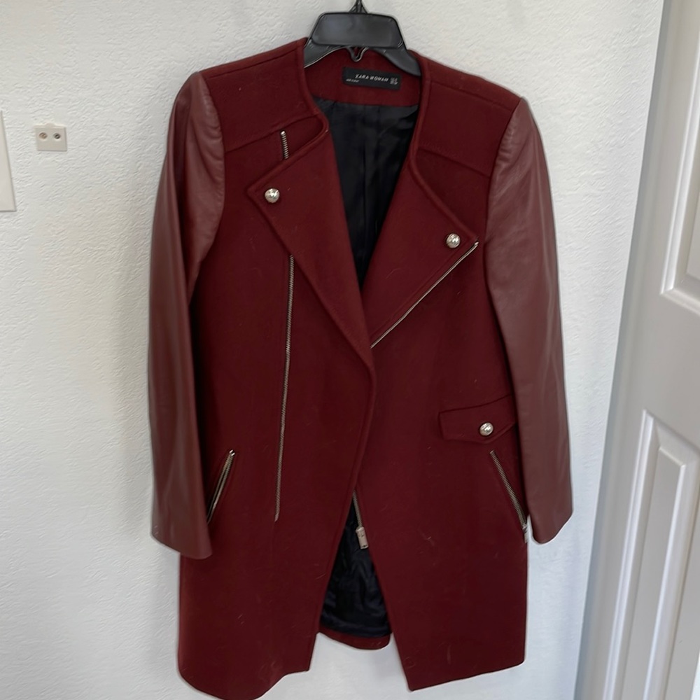 Burgundy pea coat.